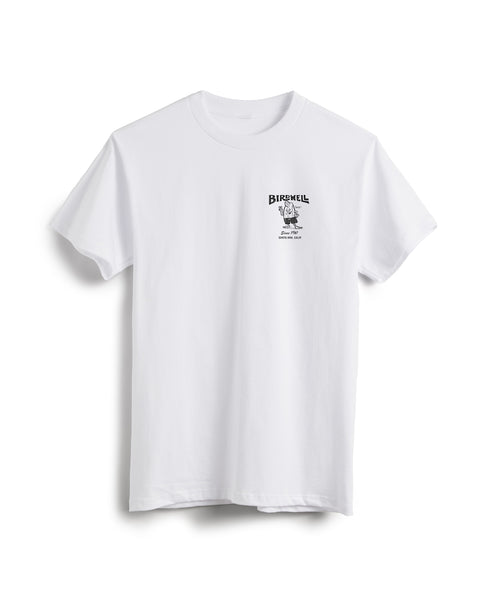 Front view of the white t-shirt with black screen printed graphic of the Birdwell Logo over Birdie holding up the peace sign with text Since 1961 Santa Ana, Calif. below over a solid white background.