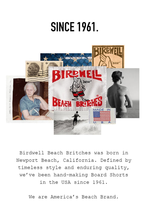 Since 1961. Collage of archive items including a birdwell boardshorts tag, an american flag, a mad in usa tag, a polaroid image of Carrie Birdwell, a stamp and clipping from an old newspaper