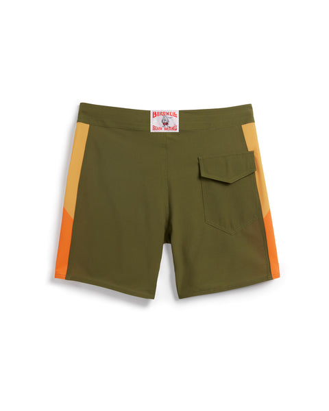 Birdie Boardshorts in Army Green with side paneling in sunset (yellow and orange). Back pocket on right side with velcro closure. License Plate Label with Birdwell Logo on waistband.