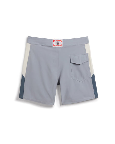 Birdie Boardshorts in Quarry with side paneling of bone and slate. Back pocket on right side with velcro closure. License Plate Label with Birdwell Logo on waistband.