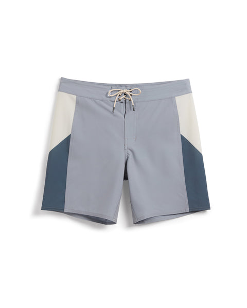 Birdie Boardshorts in Quarry with side paneling of bone and slate. Drawcord with brass grommets.