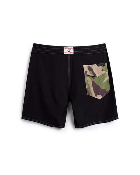 Birdie Boardshorts in Black Camo. Back pocket in camo on right side with velcro closure. License Plate Label with Birdwell Logo on waistband.