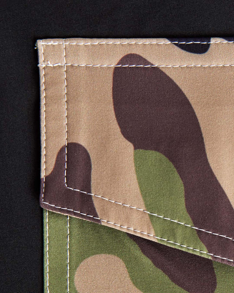 Detail shot of pocket with camo fabric.
