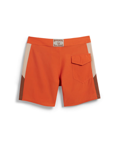Birdie Boardshorts in Paprika with side paneling of tobacco and cream. Back pocket on right side with velcro closure. License Plate Label with Birdwell Logo on waistband.