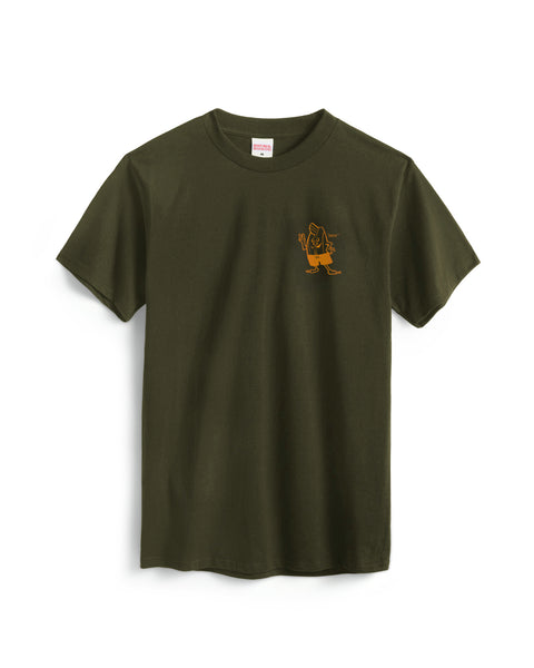 Green t-shirt with yellow graphic in wearer's left chest.