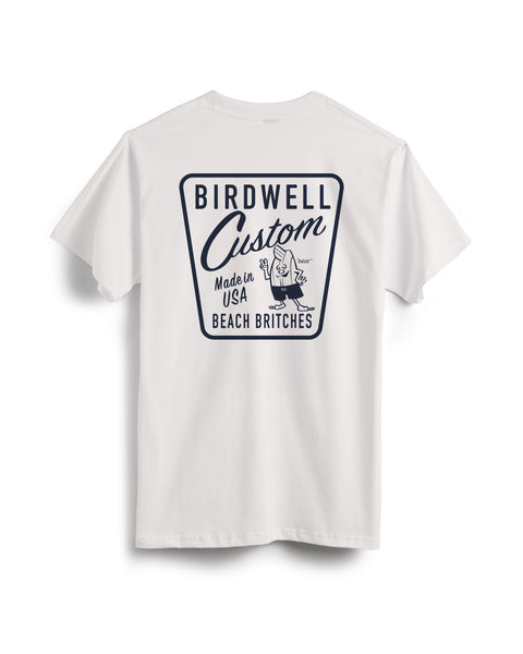 White t-shirt with navy graphic on back.