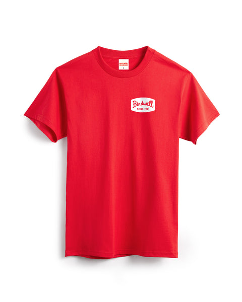 Red t-shirt with a logo on a white background