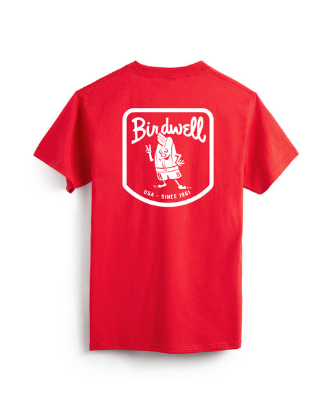 Red t-shirt with a white graphic and text on the back against a white background