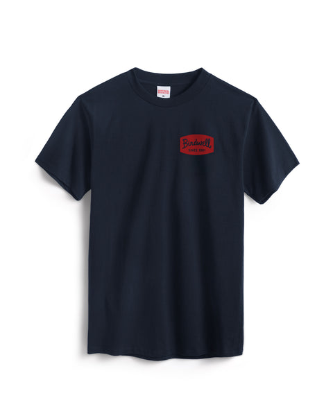 Navy t-shirt with a red logo on a white background