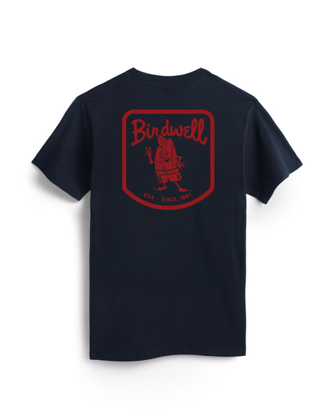 Navy t-shirt with red 'Birdwell' logo on the back against a white background