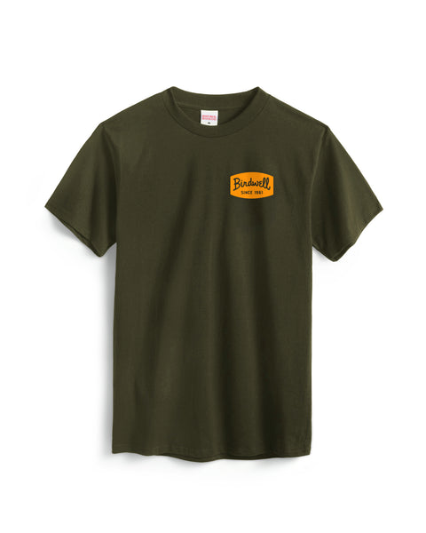Green t-shirt with a yellow logo on a white background