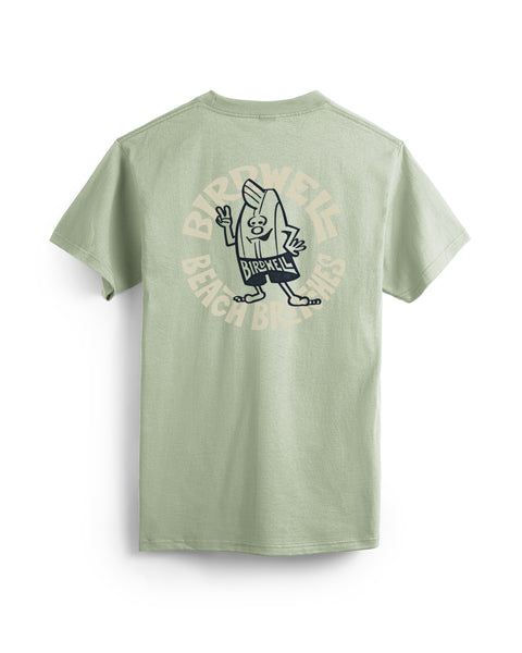 Green t-shirt with a graphic design on the back against a white background