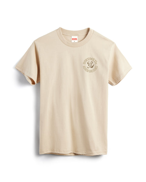 Beige t-shirt with a logo on a white background