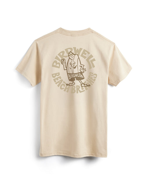 Beige t-shirt with graphic design on a white background