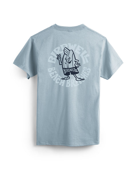 Light blue t-shirt with a graphic design on the back against a white background