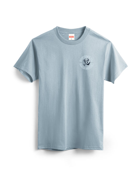 Light blue t-shirt with a small graphic on the chest against a white background
