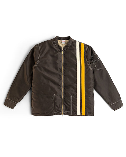 Birdwell Quilted SurfNyl® jacket in brown with a yellow and white stripe on the front with a zipper on a white background