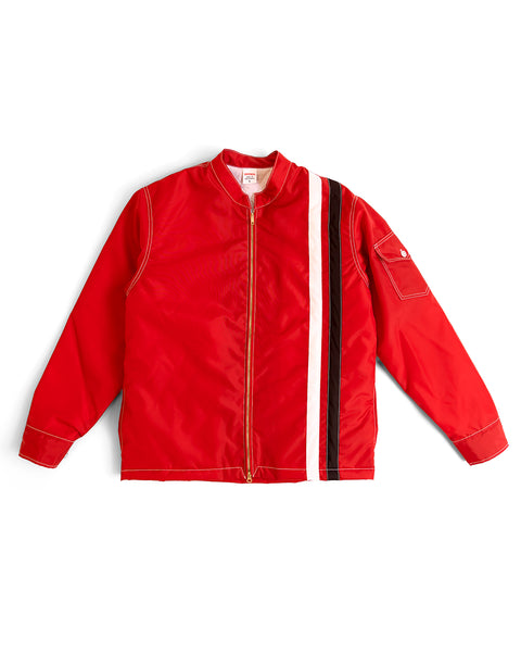 Birdwell Quilted SurfNyl® jacket in red with a black and white stripe on the front with a zipper on a white background