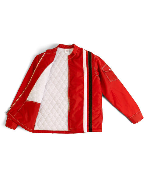 Birdwell Quilted Racing SurfNyl® jacket in red with white quilted interior and a black and white vertical stripe on the exterior left side on a white background