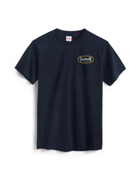Navy blue t-shirt with a logo on the chest against a white background