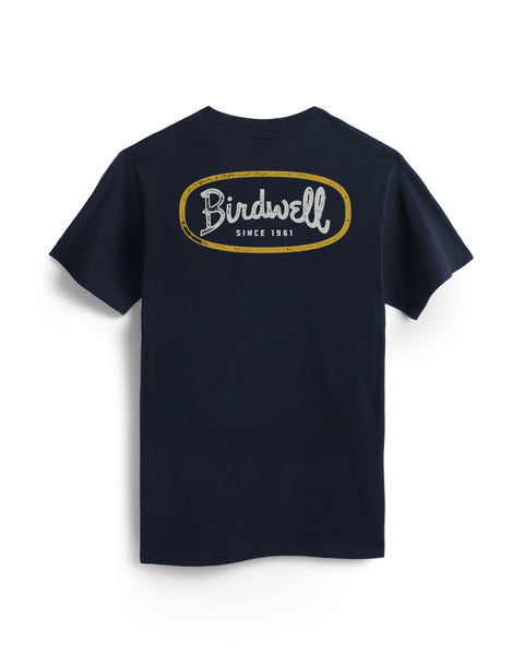 Black t-shirt with 'Birdwell' logo on the back against a white background