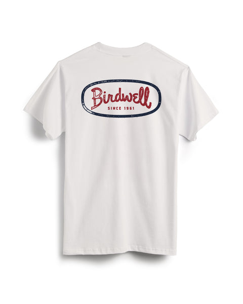 White t-shirt with 'Birdwell' logo on the back against a white background