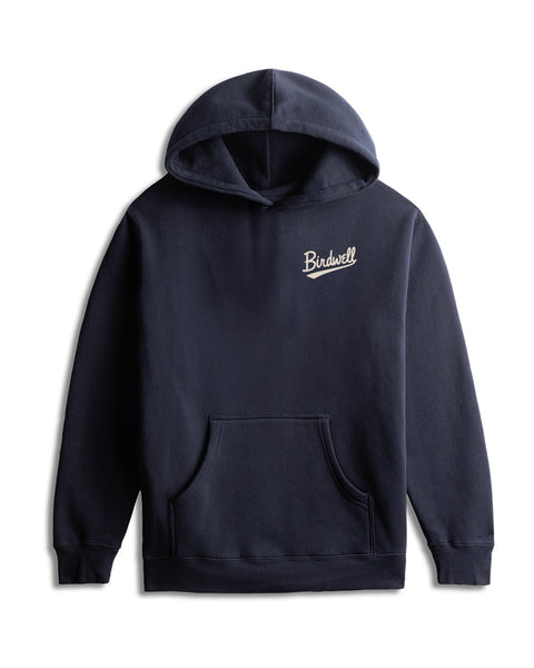 Navy hoodie with a brand logo on a white background
