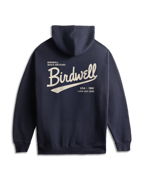 Navy hoodie with 'Birdwell' logo on the back against a white background