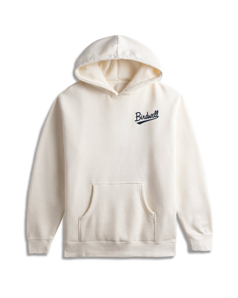 White hoodie with a brand logo on a white background
