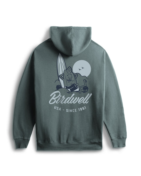 Blue hoodie with 'Birdwell' logo on the back against a white background