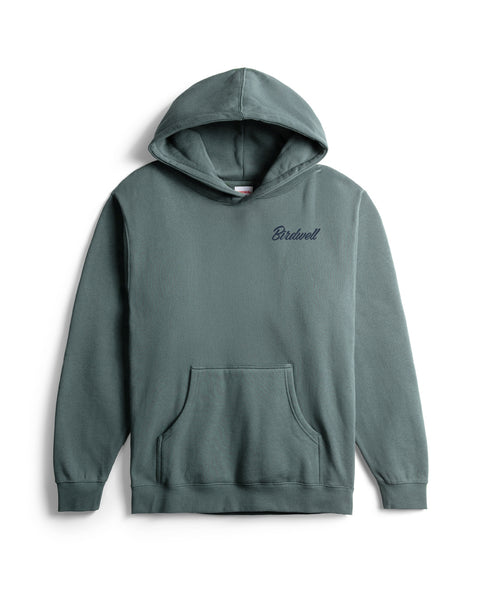 Blue hoodie with 'Birdwell' logo on a white background