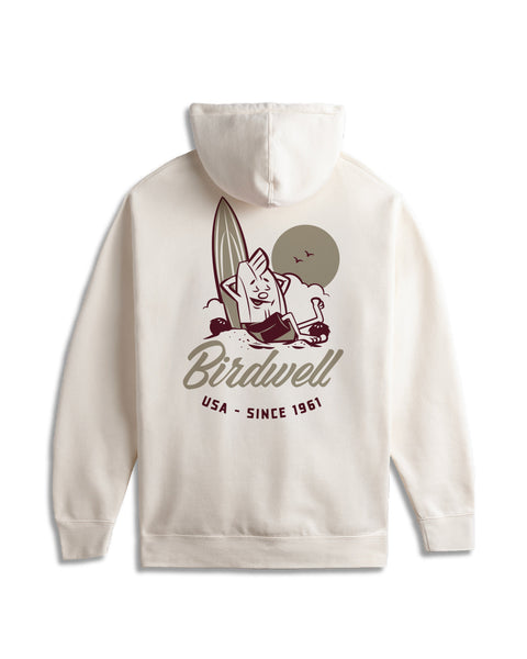Bone hoodie with a graphic design on the back featuring text and illustrations.