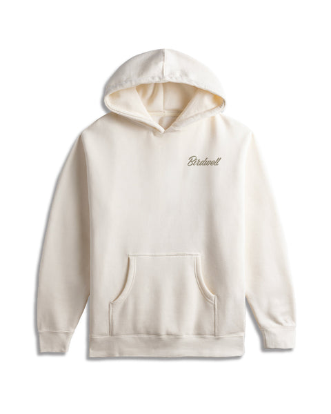 Bone hoodie with a brand logo on a white background
