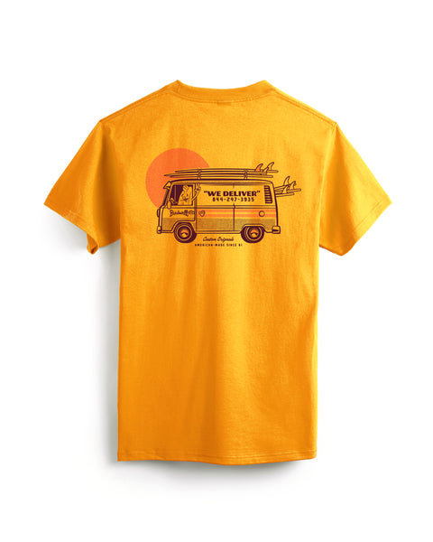 Yellow t-shirt with a graphic of a van and text on the back, on a white background