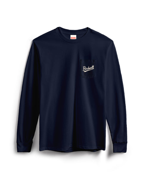 Navy long-sleeve shirt with a logo on the chest against a white background