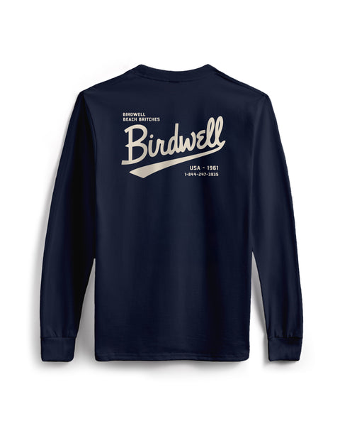 Navy long-sleeve shirt with 'Birdwell' logo on a white background