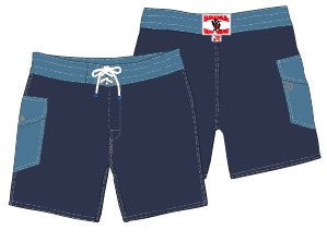 808 SurfStretch Pop Pocket Boardshorts in Navy/Federal Blue, featuring a lighter blue waistband and pockets, white front drawstring, and a red and white brand label on the back waistband.