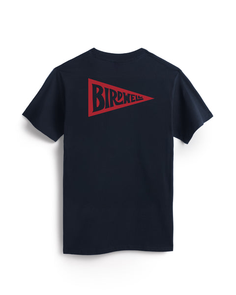 This image is the back of the Pendant short sleeve Pocket T-Shirt in navy which has the red logo on the back. 