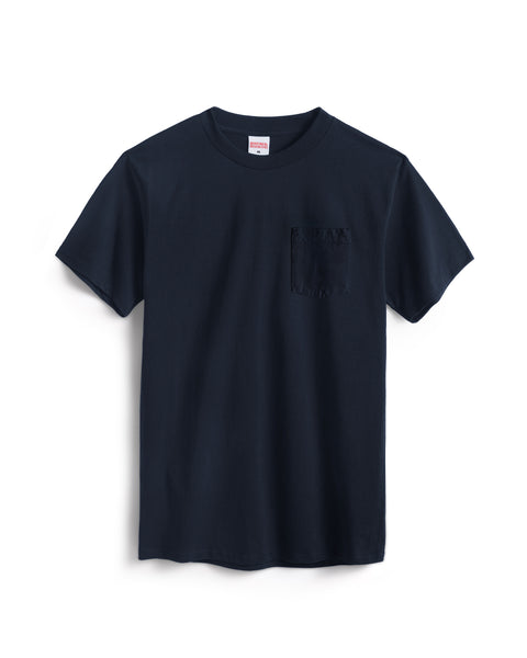 This image is the back of the Pendant short sleeve Pocket T-Shirt in navy with a blank pocket on the left front chest