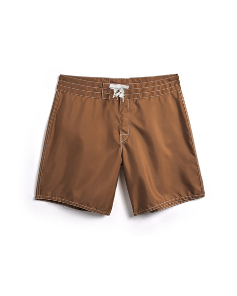 Brown shorts with a white drawstring on a white background