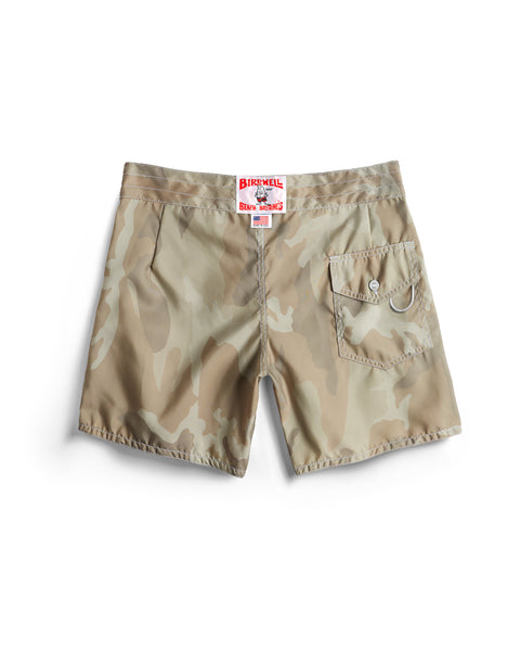 Camouflage shorts with a brand label on a white background