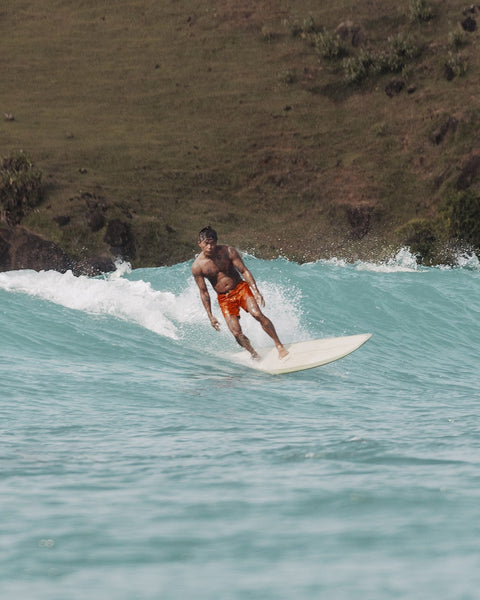 Person surfing on a wave with a scenic background
