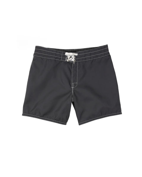 Black shorts with white stitching on a white background