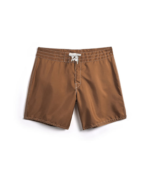 Brown shorts with a white drawstring on a white background