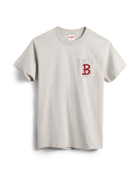 Beige t-shirt with a red 'B' logo on a white background