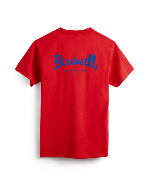 Red t-shirt with blue 'Birdwell' logo on a white background