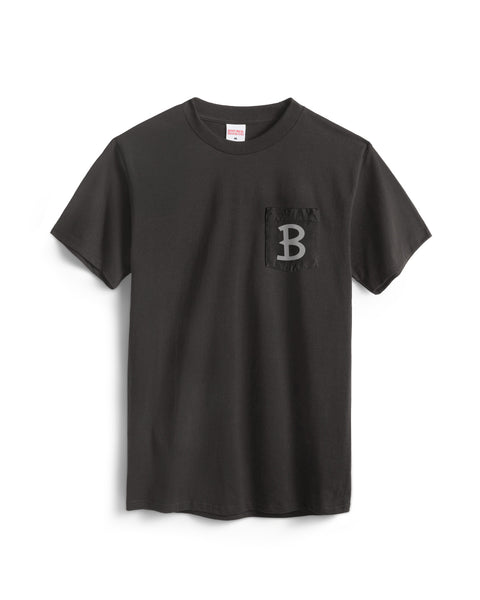 Black t-shirt with a logo on the chest pocket against a white background