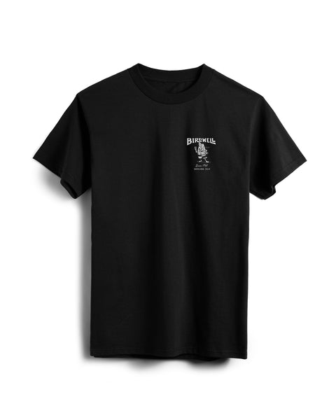 Black t-shirt with a small logo on the chest against a white background