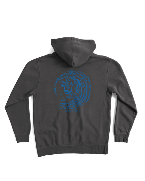 Gray hoodie with blue logo on the back against a white background
