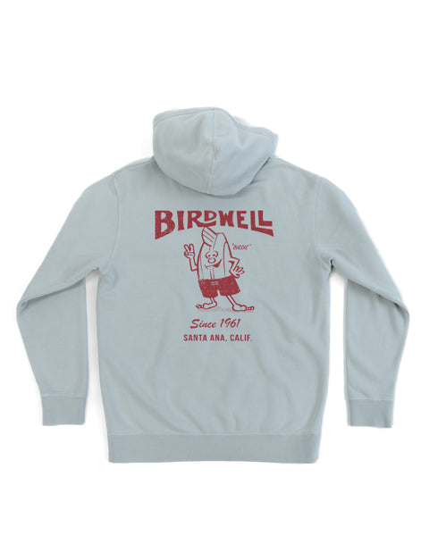 Light blue hoodie with red 'Birdwell' logo on the back against a white background